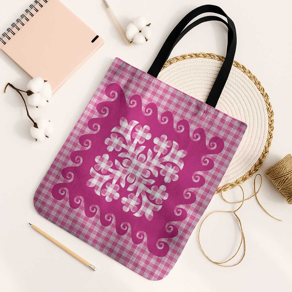 Pink Ulu Palaka Quilt Pattern Tote Bag Hawaii Culture Breadfruit - Polynesian Pride