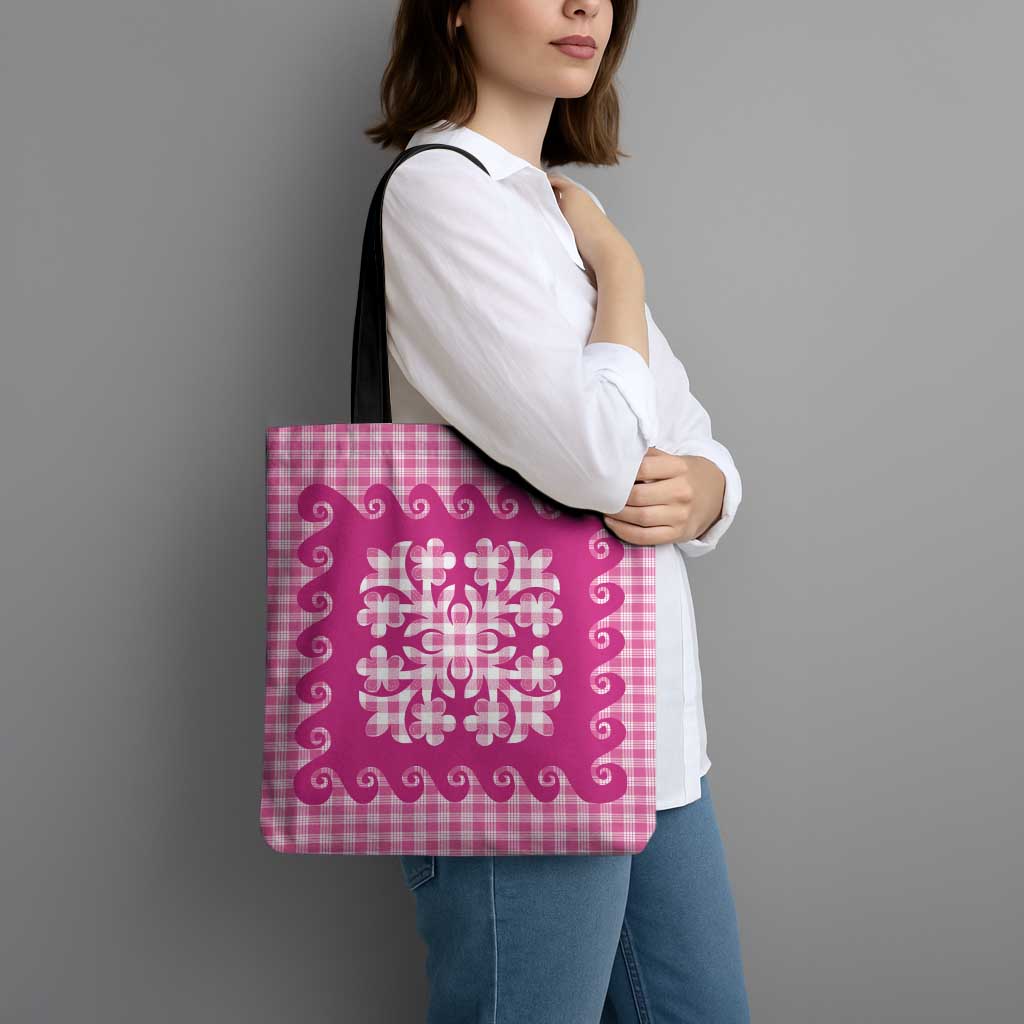 Pink Ulu Palaka Quilt Pattern Tote Bag Hawaii Culture Breadfruit - Polynesian Pride