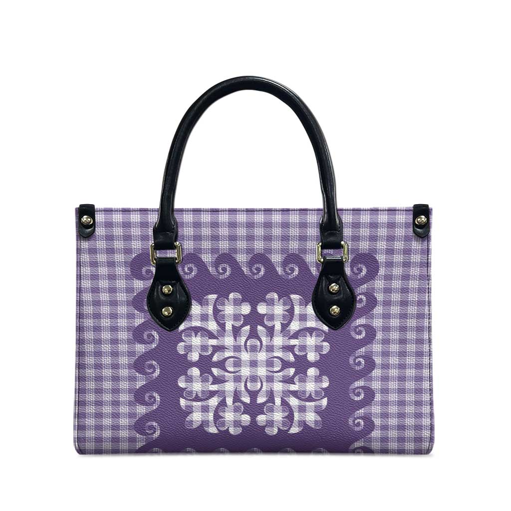 Purple Ulu Palaka Quilt Pattern Leather Bag Hawaii Culture Breadfruit - Polynesian Pride