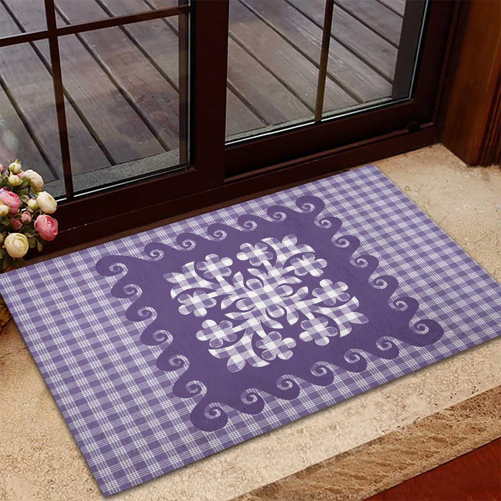 Purple Ulu Palaka Quilt Pattern Rubber Doormat Hawaii Culture Breadfruit - Polynesian Pride