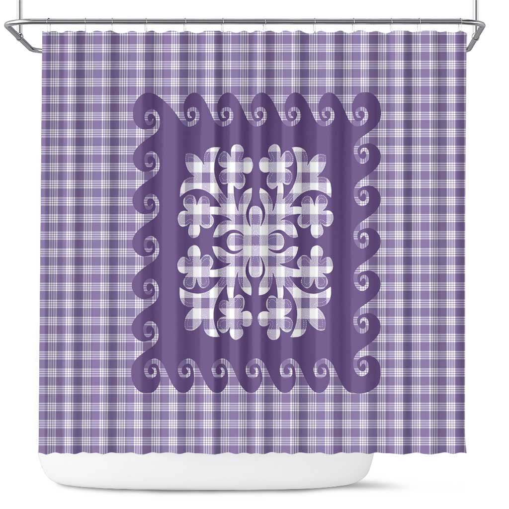 Purple Ulu Palaka Quilt Pattern Shower Curtain Hawaii Culture Breadfruit - Polynesian Pride