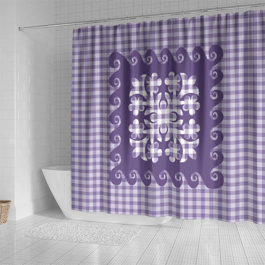 Purple Ulu Palaka Quilt Pattern Shower Curtain Hawaii Culture Breadfruit - Polynesian Pride