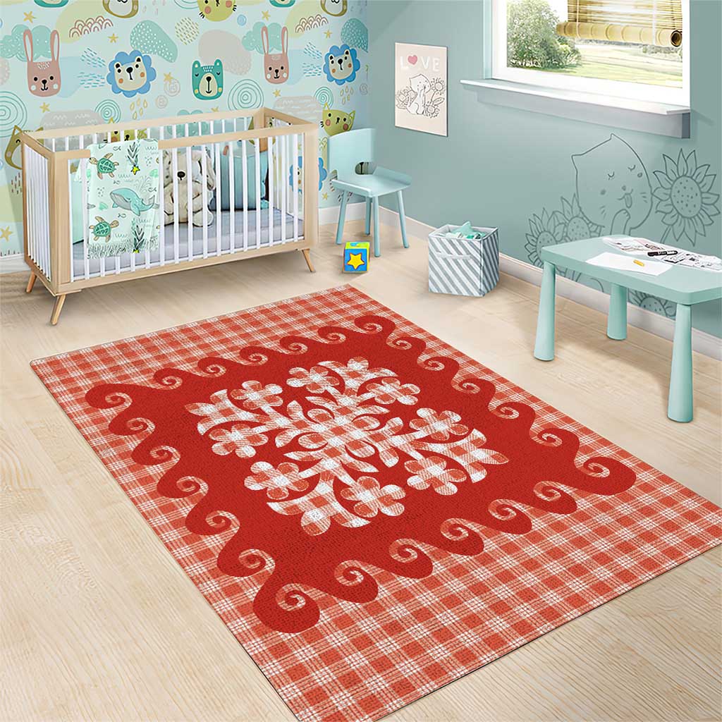 Red Ulu Palaka Quilt Pattern Area Rug Hawaii Culture Breadfruit - Polynesian Pride