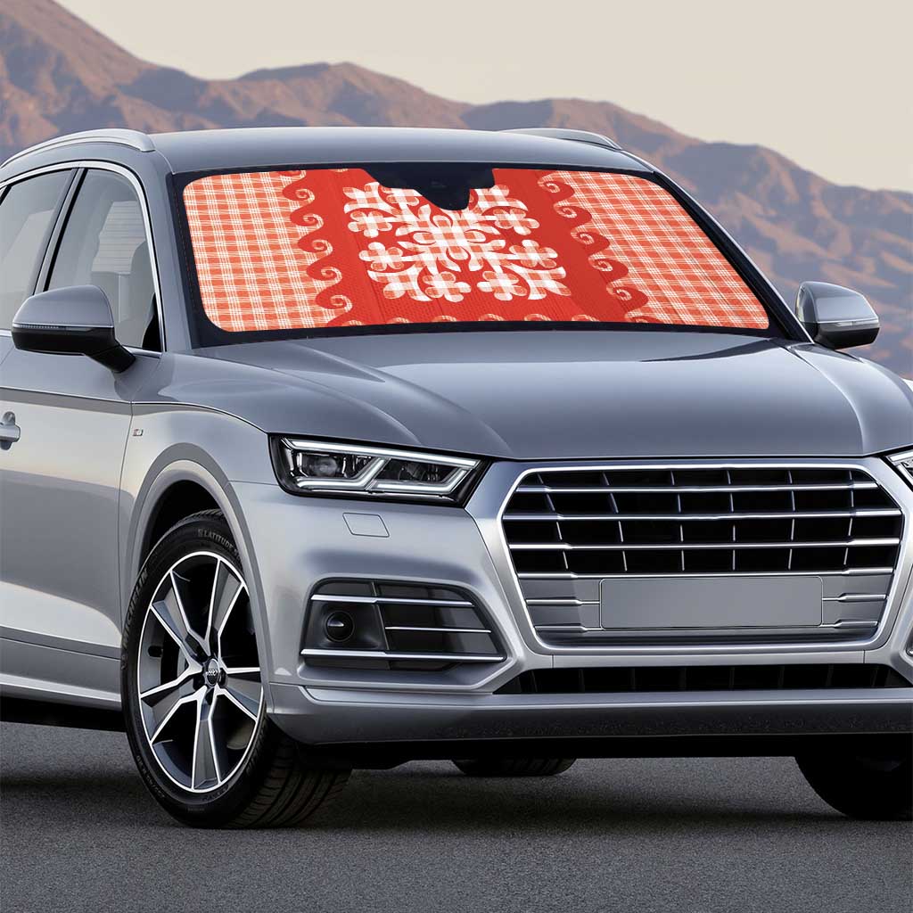 Red Ulu Palaka Quilt Pattern Auto Sun Shade Hawaii Culture Breadfruit - Polynesian Pride