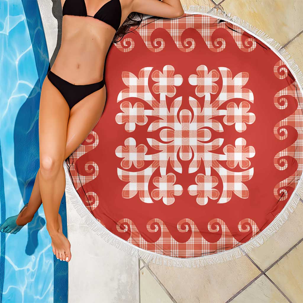 Red Ulu Palaka Quilt Pattern Beach Blanket Hawaii Culture Breadfruit - Polynesian Pride