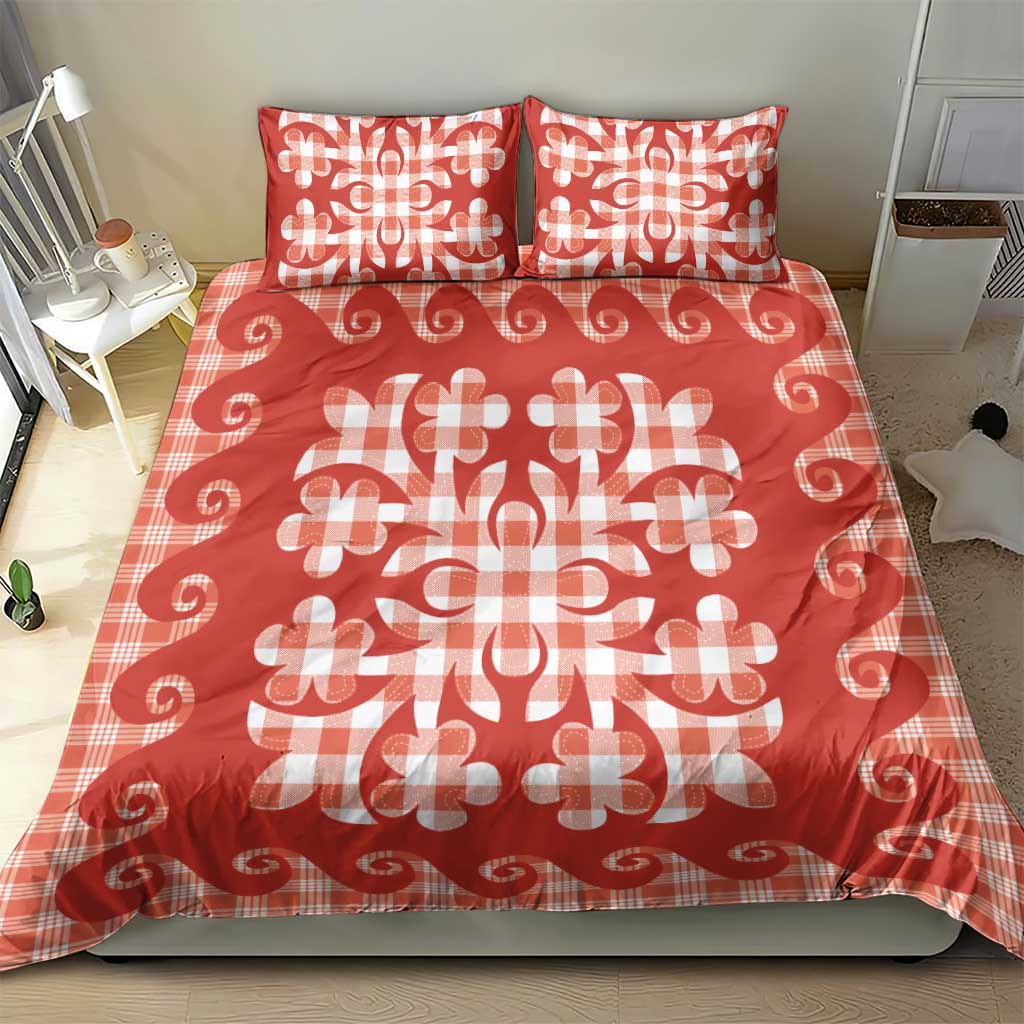 Red Ulu Palaka Quilt Pattern Bedding Set Hawaii Culture Breadfruit - Polynesian Pride