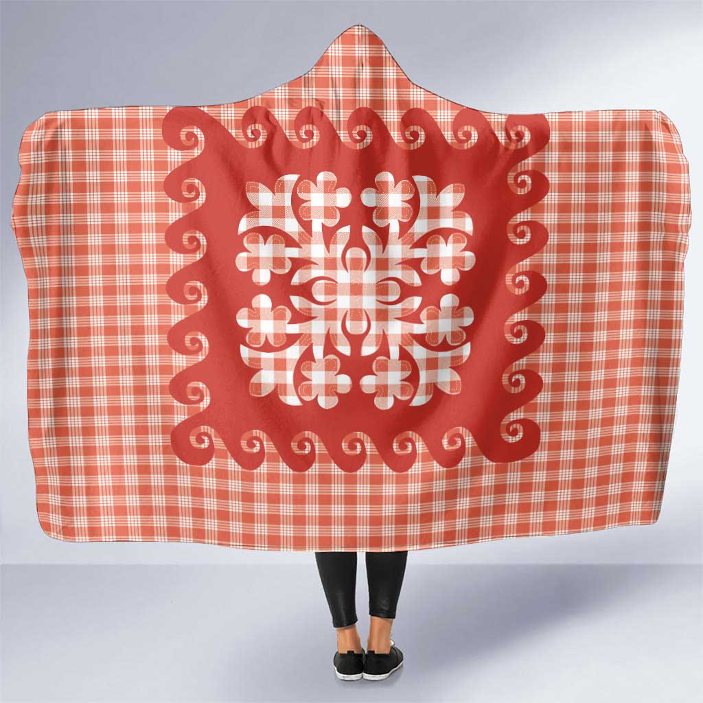 Red Ulu Palaka Quilt Pattern Hooded Blanket Hawaii Culture Breadfruit - Polynesian Pride