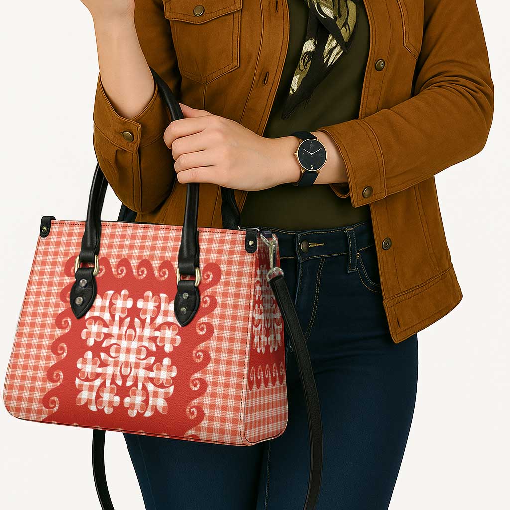 Red Ulu Palaka Quilt Pattern Leather Bag Hawaii Culture Breadfruit - Polynesian Pride