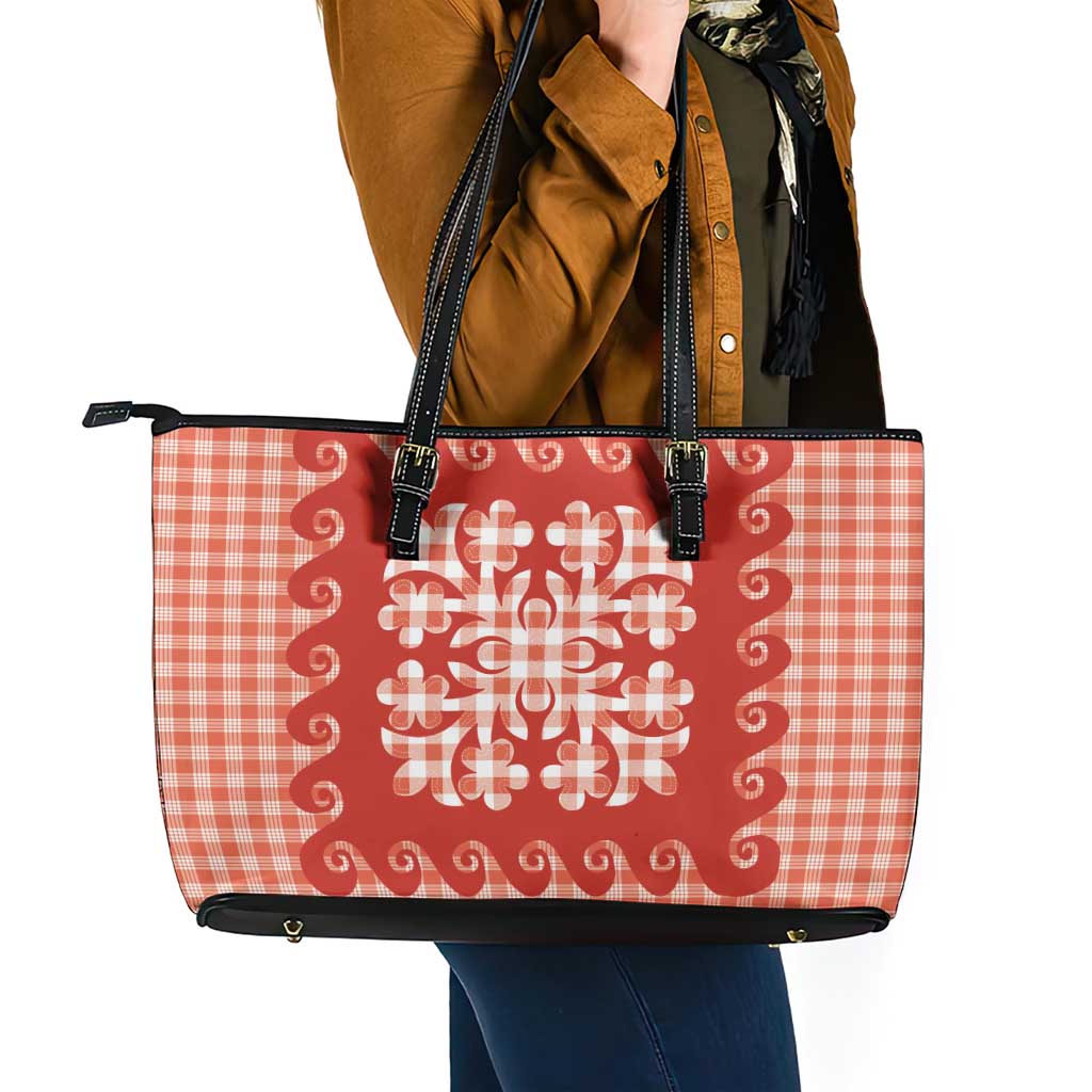 Red Ulu Palaka Quilt Pattern Leather Tote Bag Hawaii Culture Breadfruit - Polynesian Pride