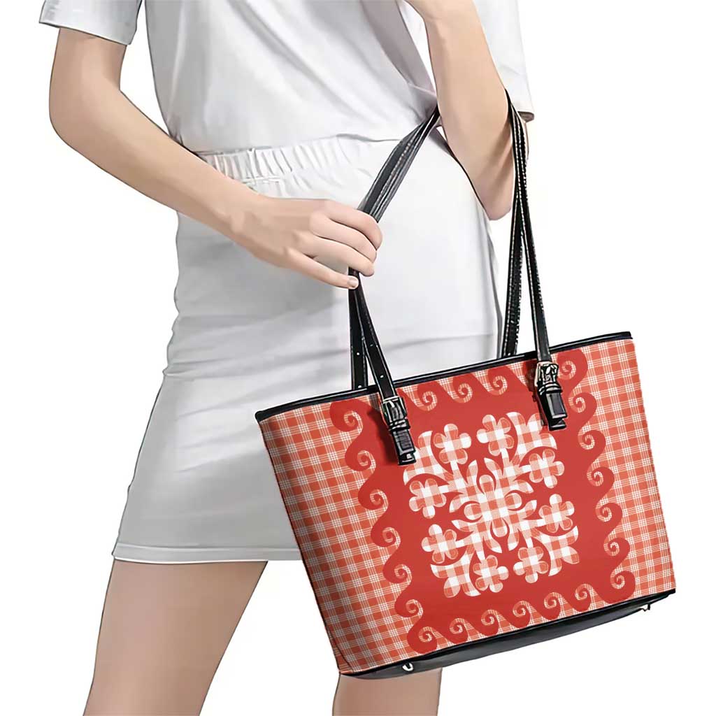 Red Ulu Palaka Quilt Pattern Leather Tote Bag Hawaii Culture Breadfruit - Polynesian Pride