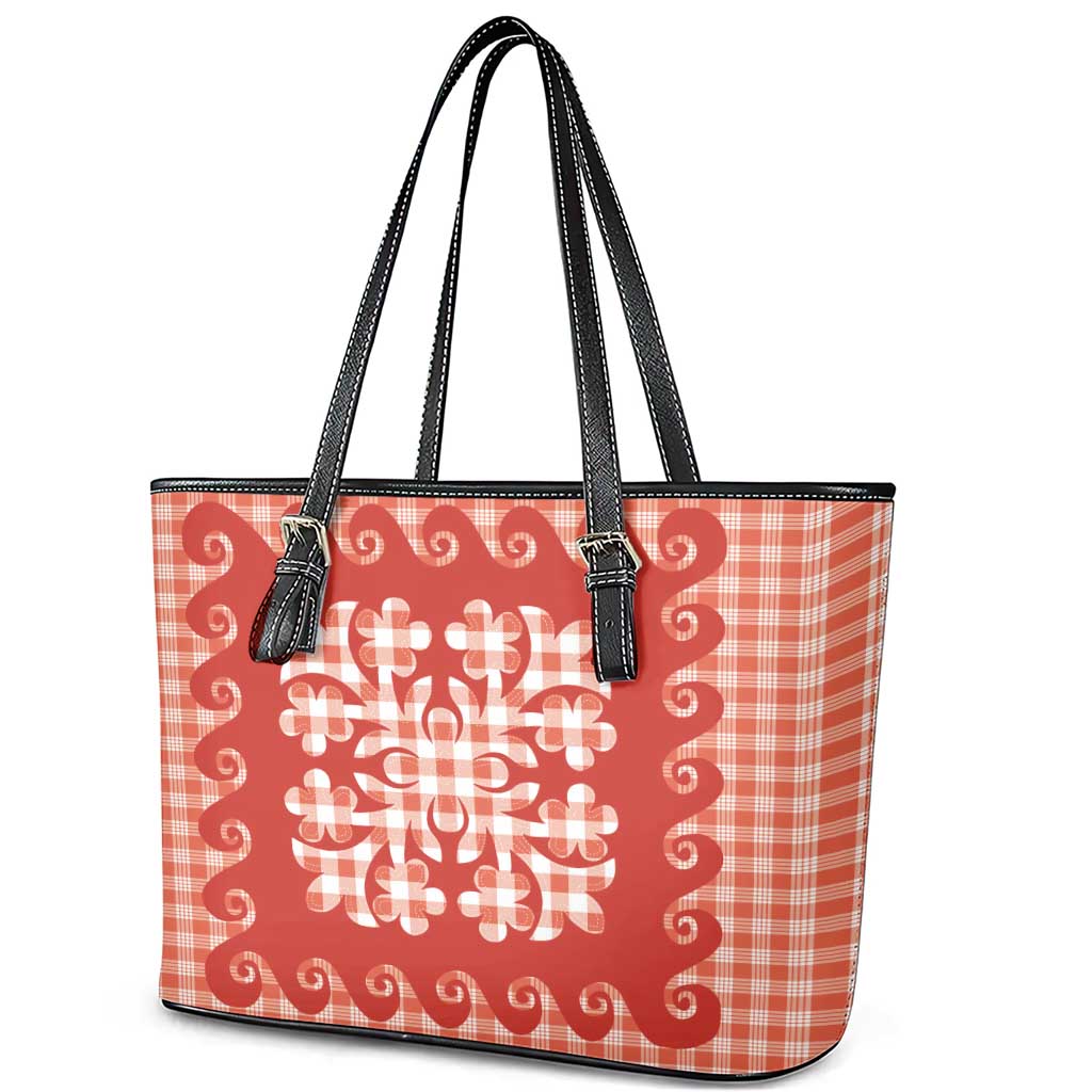 Red Ulu Palaka Quilt Pattern Leather Tote Bag Hawaii Culture Breadfruit - Polynesian Pride