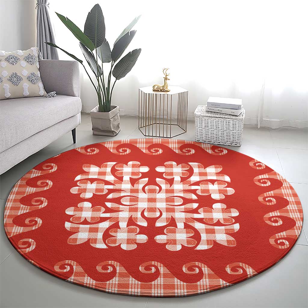 Red Ulu Palaka Quilt Pattern Round Carpet Hawaii Culture Breadfruit - Polynesian Pride