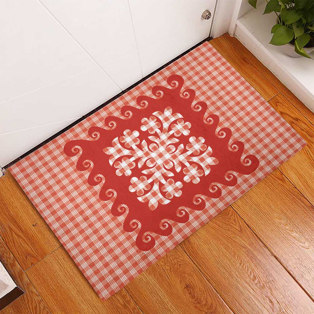 Red Ulu Palaka Quilt Pattern Rubber Doormat Hawaii Culture Breadfruit - Polynesian Pride