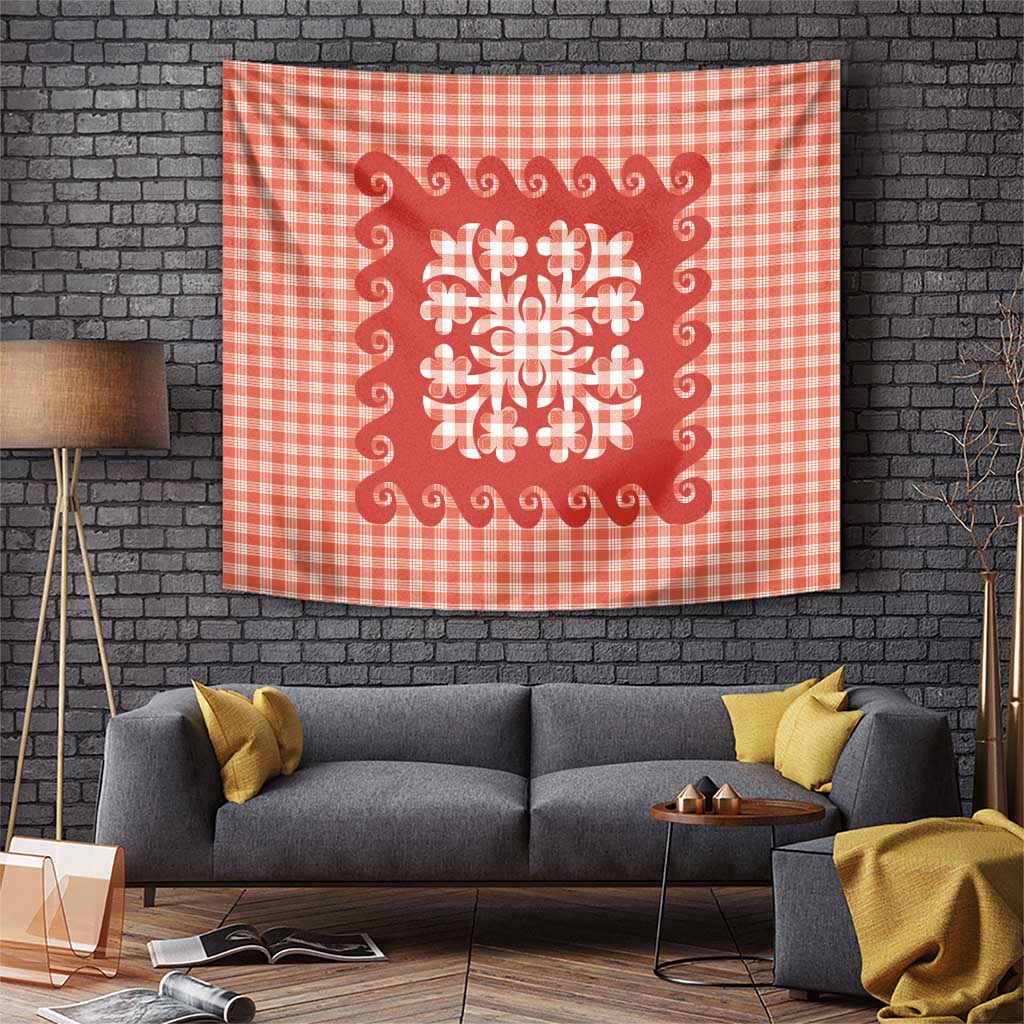 Red Ulu Palaka Quilt Pattern Tapestry Hawaii Culture Breadfruit - Polynesian Pride