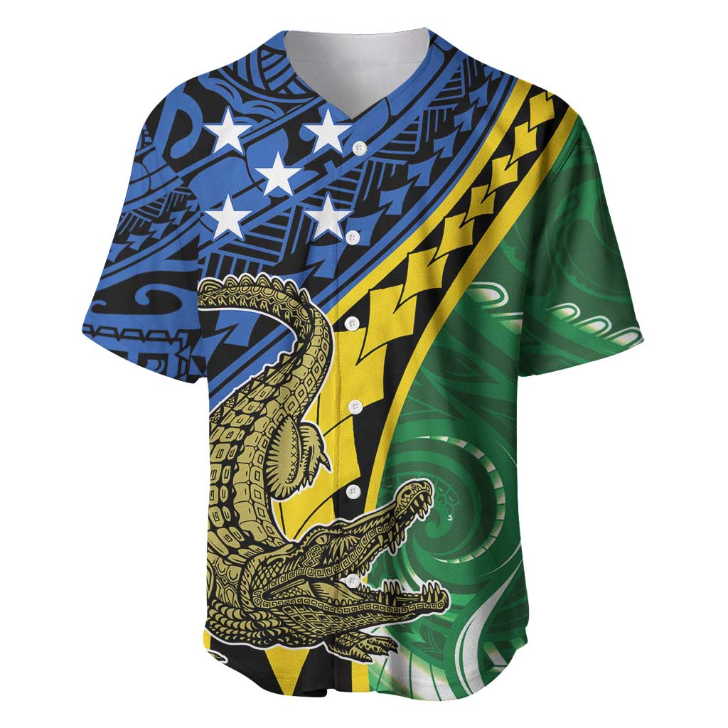 Personalised Crocodile and Shark Solomon Islands Baseball Jersey Polynesian Tribal Tattoo