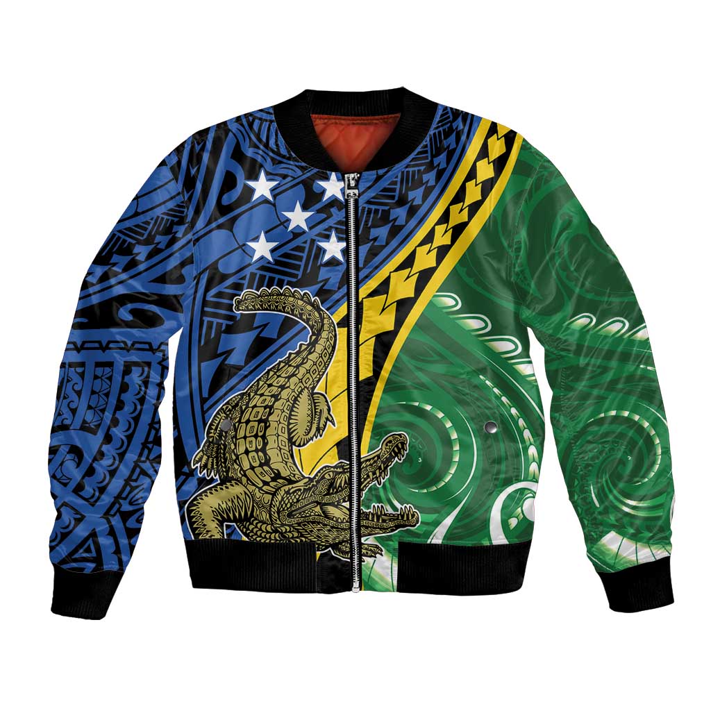 Personalised Crocodile and Shark Solomon Islands Bomber Jacket Polynesian Tribal Tattoo