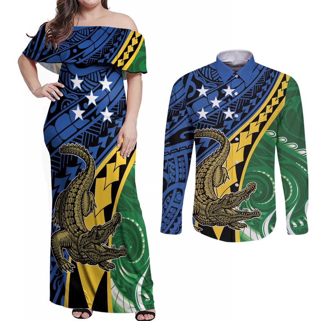 Personalised Crocodile and Shark Solomon Islands Couples Matching Off Shoulder Maxi Dress and Long Sleeve Button Shirt Polynesian Tribal Tattoo