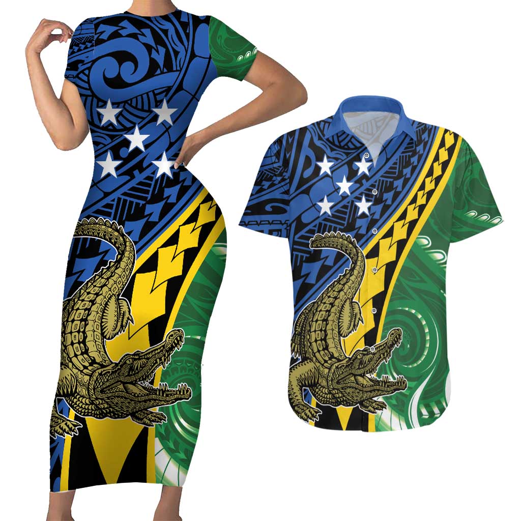 Personalised Crocodile and Shark Solomon Islands Couples Matching Short Sleeve Bodycon Dress and Hawaiian Shirt Polynesian Tribal Tattoo