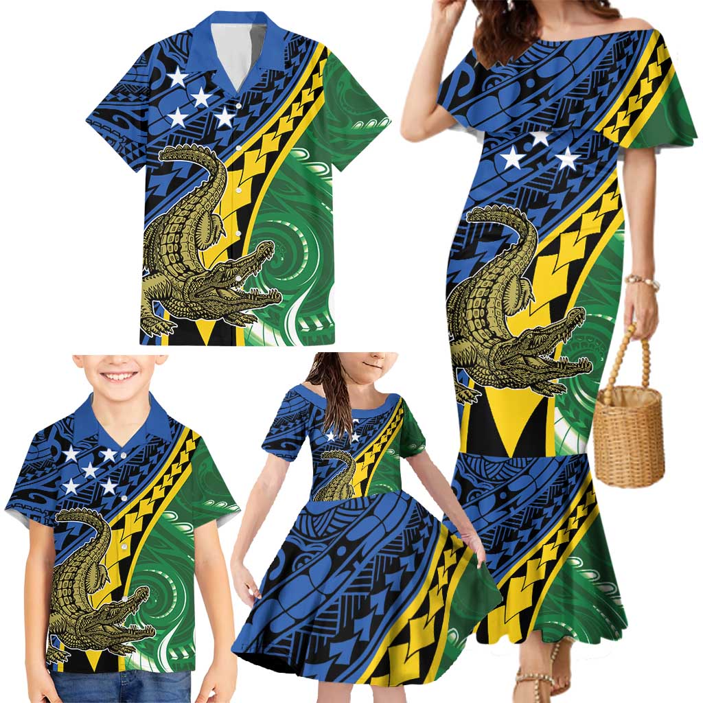 Personalised Crocodile and Shark Solomon Islands Family Matching Mermaid Dress and Hawaiian Shirt Polynesian Tribal Tattoo