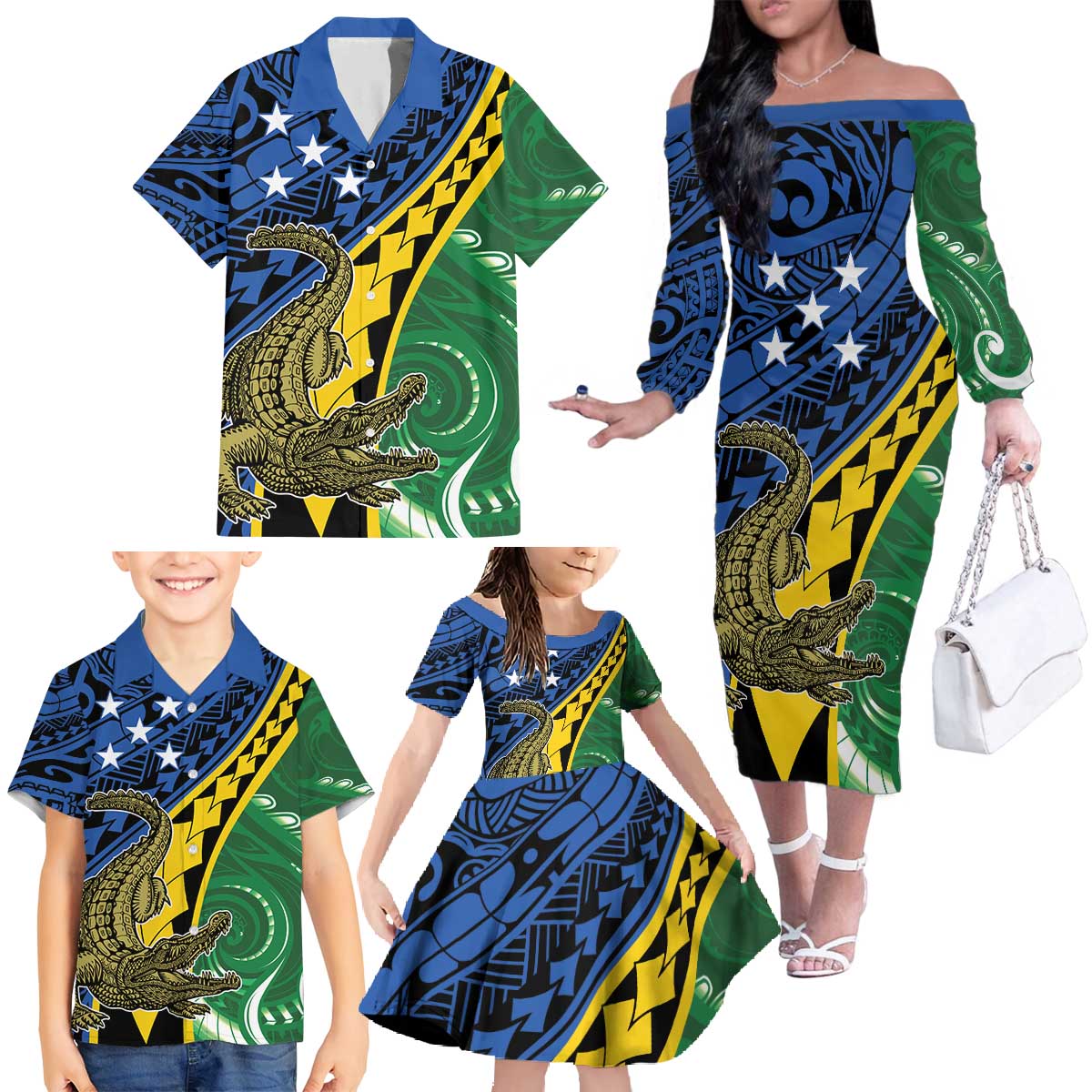 Personalised Crocodile and Shark Solomon Islands Family Matching Off The Shoulder Long Sleeve Dress and Hawaiian Shirt Polynesian Tribal Tattoo