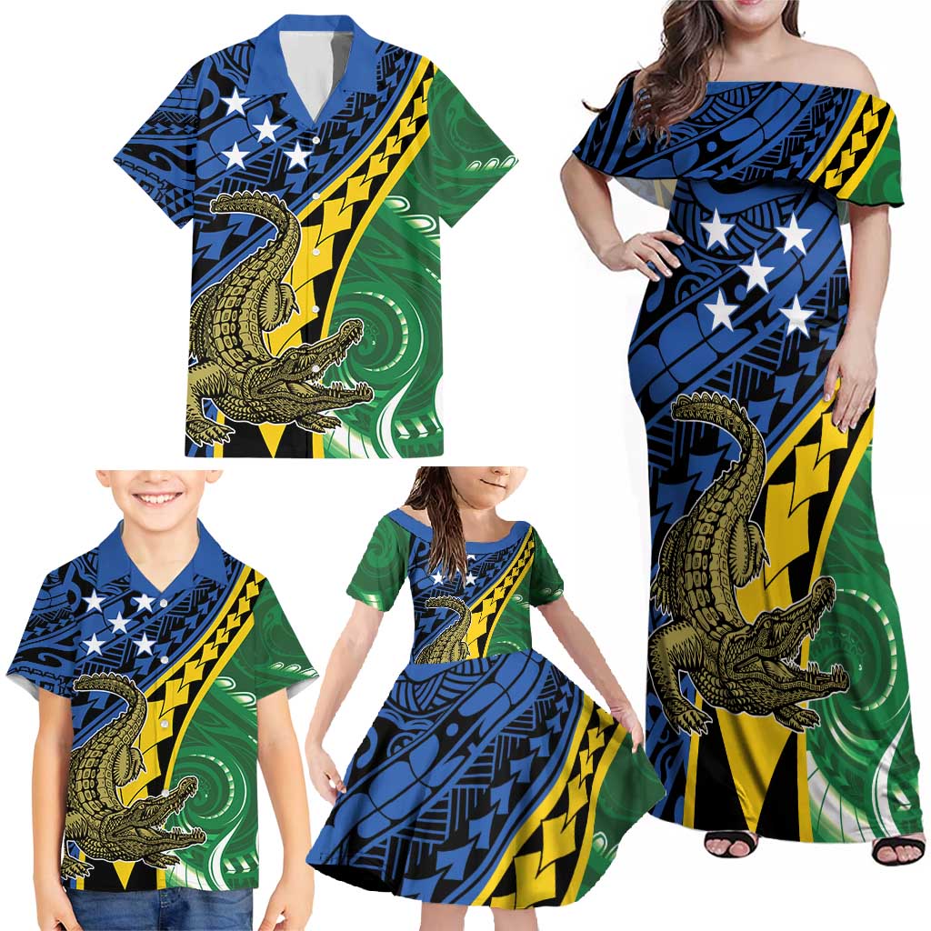 Personalised Crocodile and Shark Solomon Islands Family Matching Off Shoulder Maxi Dress and Hawaiian Shirt Polynesian Tribal Tattoo