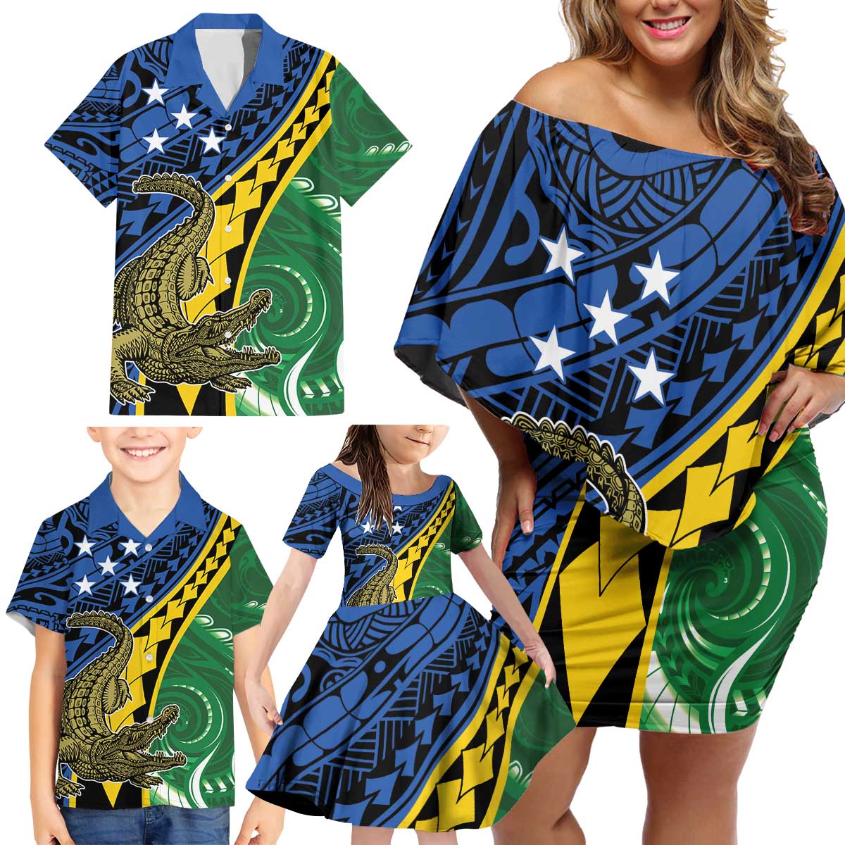 Personalised Crocodile and Shark Solomon Islands Family Matching Off Shoulder Short Dress and Hawaiian Shirt Polynesian Tribal Tattoo