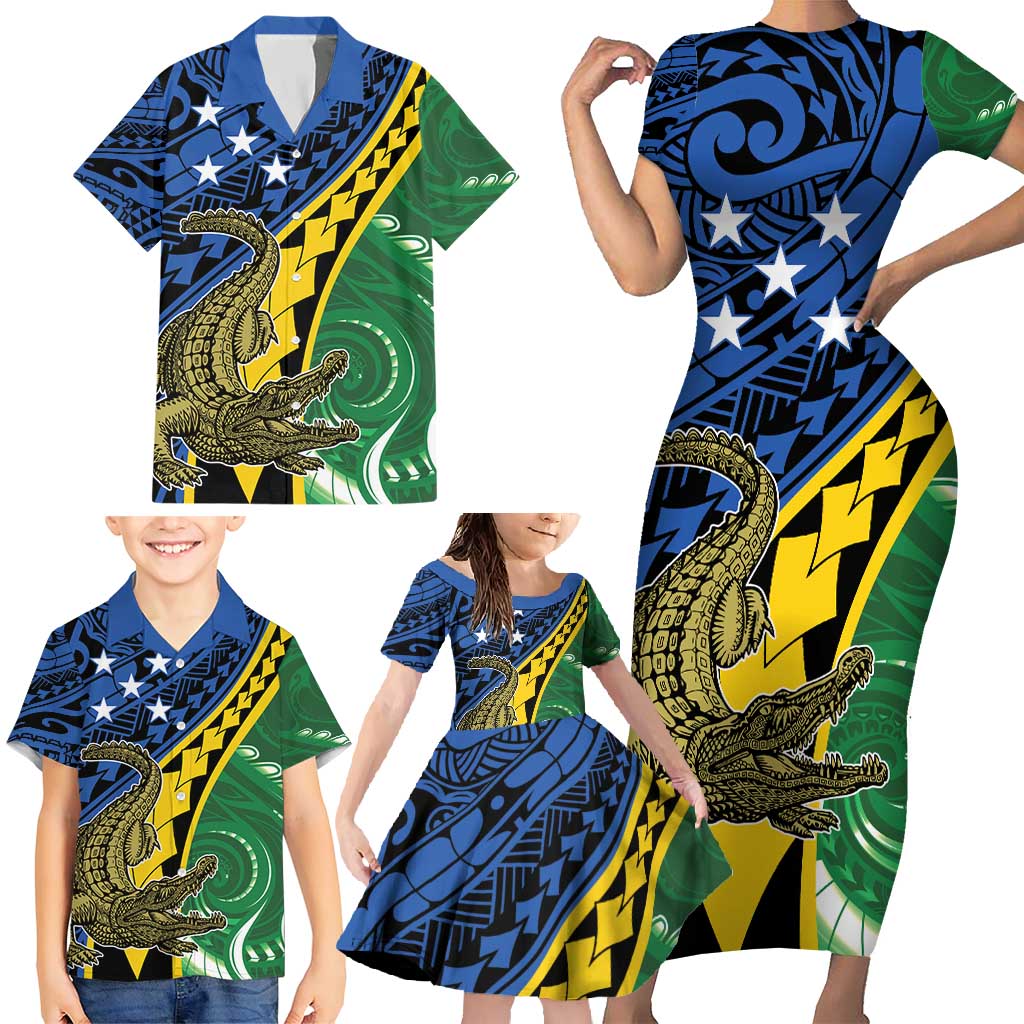 Personalised Crocodile and Shark Solomon Islands Family Matching Short Sleeve Bodycon Dress and Hawaiian Shirt Polynesian Tribal Tattoo