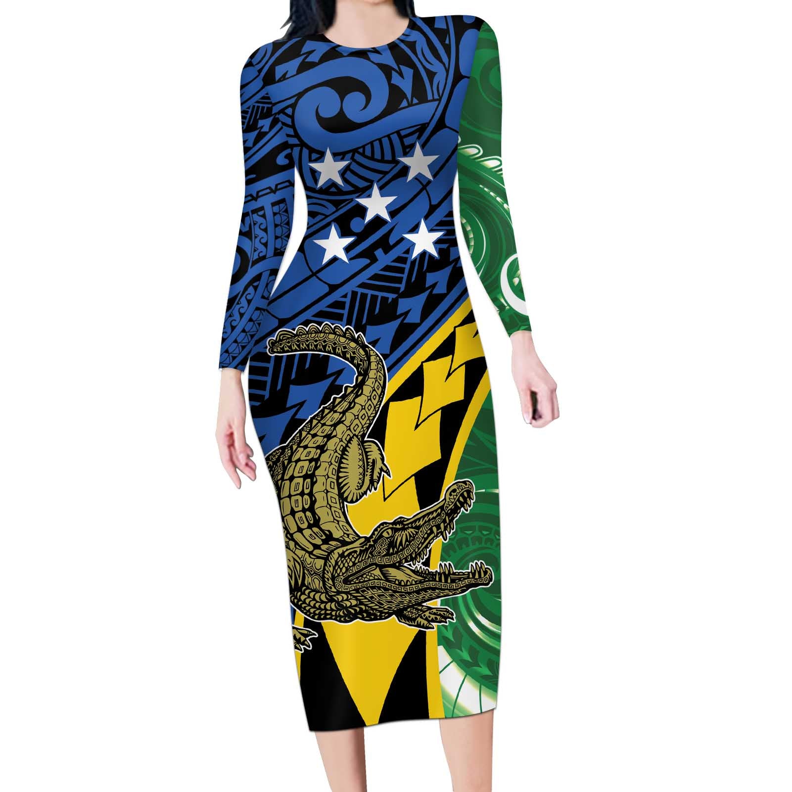 Personalised Crocodile and Shark Solomon Islands Long Sleeve Bodycon Dress Polynesian Tribal Tattoo