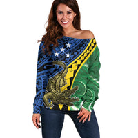 Personalised Crocodile and Shark Solomon Islands Off Shoulder Sweater Polynesian Tribal Tattoo