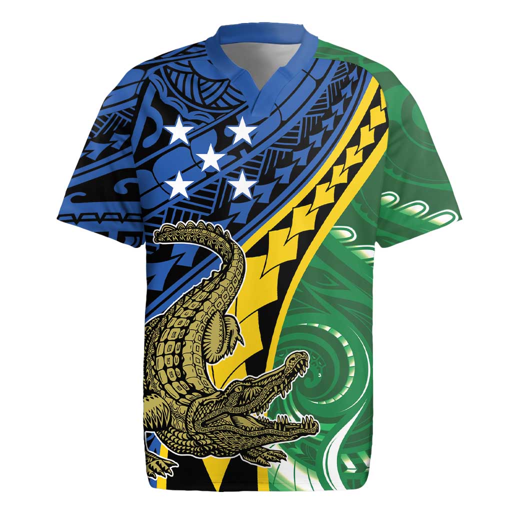 Personalised Crocodile and Shark Solomon Islands Rugby Jersey Polynesian Tribal Tattoo