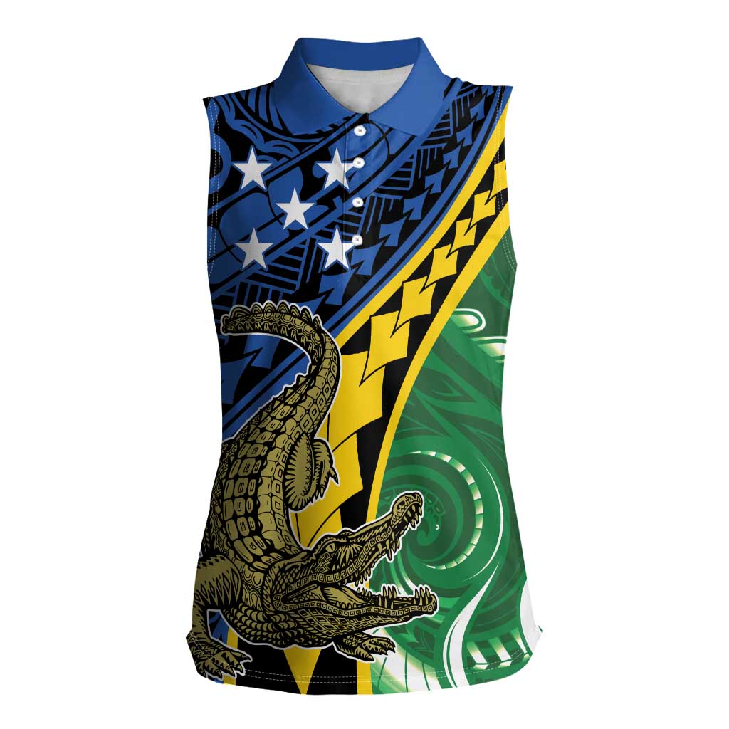 Personalised Crocodile and Shark Solomon Islands Women Sleeveless Polo Shirt Polynesian Tribal Tattoo