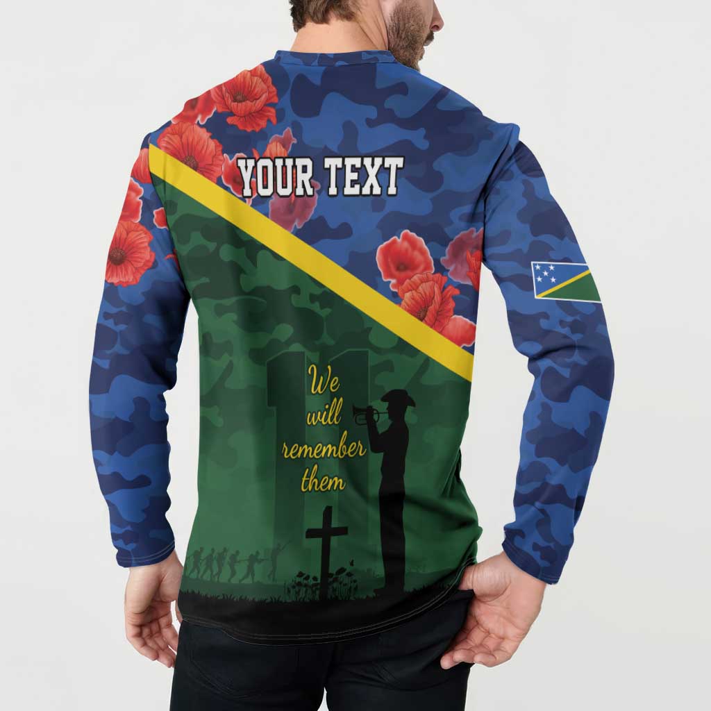 Personalised Solomon Islands Remembrance Day Button Sweatshirt We Will Remember Them with Camouflage Style