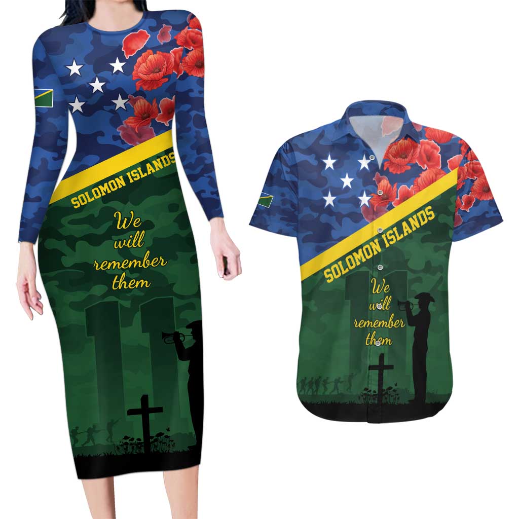 Personalised Solomon Islands Remembrance Day Couples Matching Long Sleeve Bodycon Dress and Hawaiian Shirt We Will Remember Them with Camouflage Style