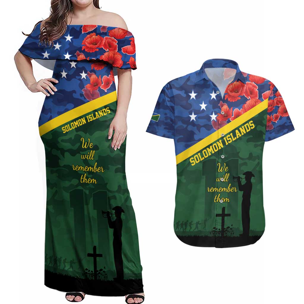 Personalised Solomon Islands Remembrance Day Couples Matching Off Shoulder Maxi Dress and Hawaiian Shirt We Will Remember Them with Camouflage Style