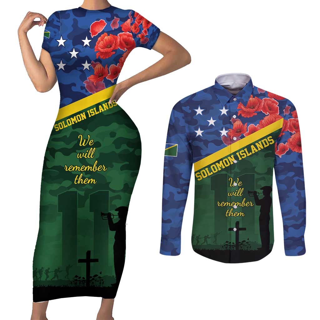 Personalised Solomon Islands Remembrance Day Couples Matching Short Sleeve Bodycon Dress and Long Sleeve Button Shirt We Will Remember Them with Camouflage Style