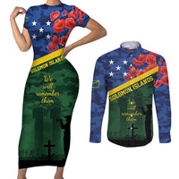 Personalised Solomon Islands Remembrance Day Couples Matching Short Sleeve Bodycon Dress and Long Sleeve Button Shirt We Will Remember Them with Camouflage Style
