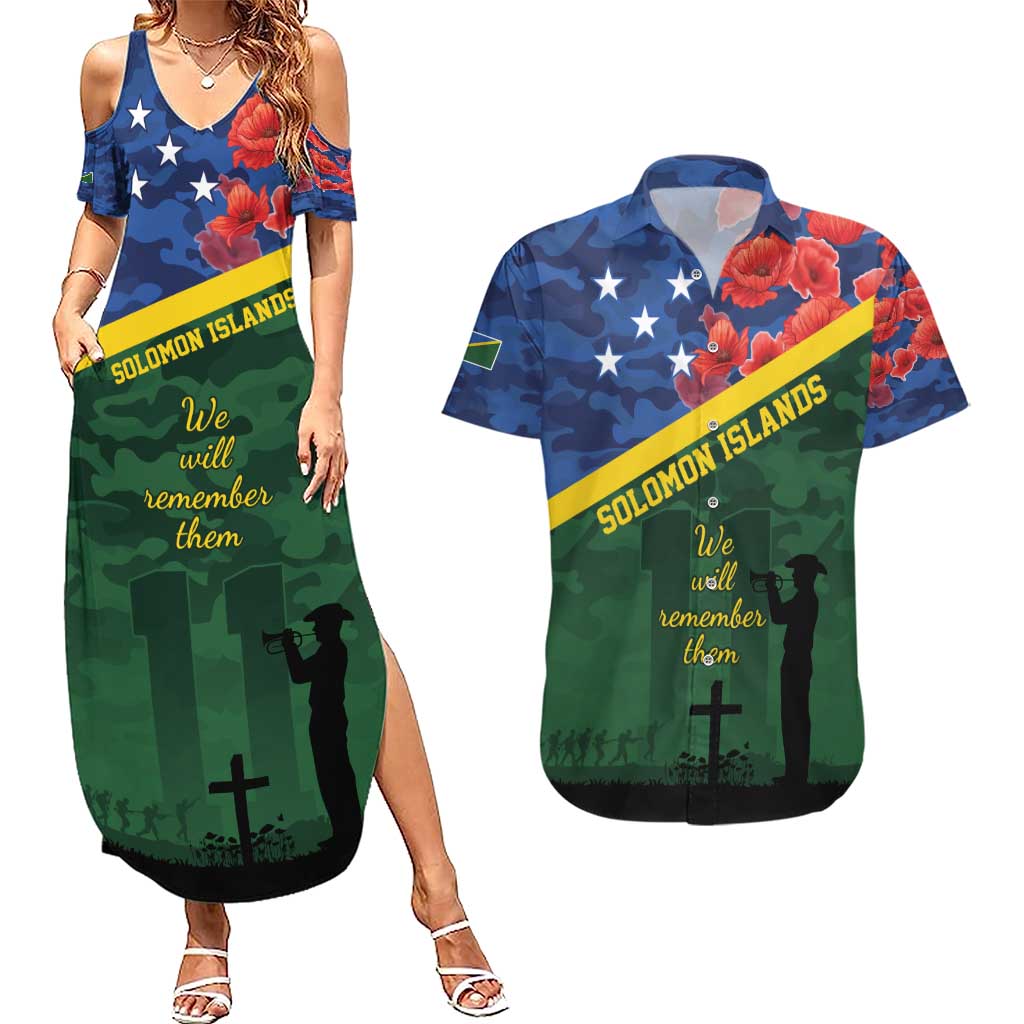 Personalised Solomon Islands Remembrance Day Couples Matching Summer Maxi Dress and Hawaiian Shirt We Will Remember Them with Camouflage Style LT9 Green - Polynesian Pride