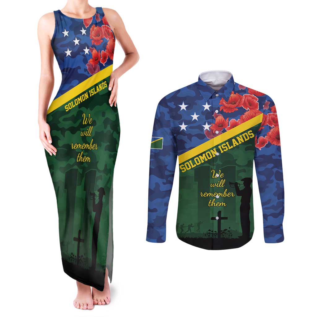 Personalised Solomon Islands Remembrance Day Couples Matching Tank Maxi Dress and Long Sleeve Button Shirt We Will Remember Them with Camouflage Style