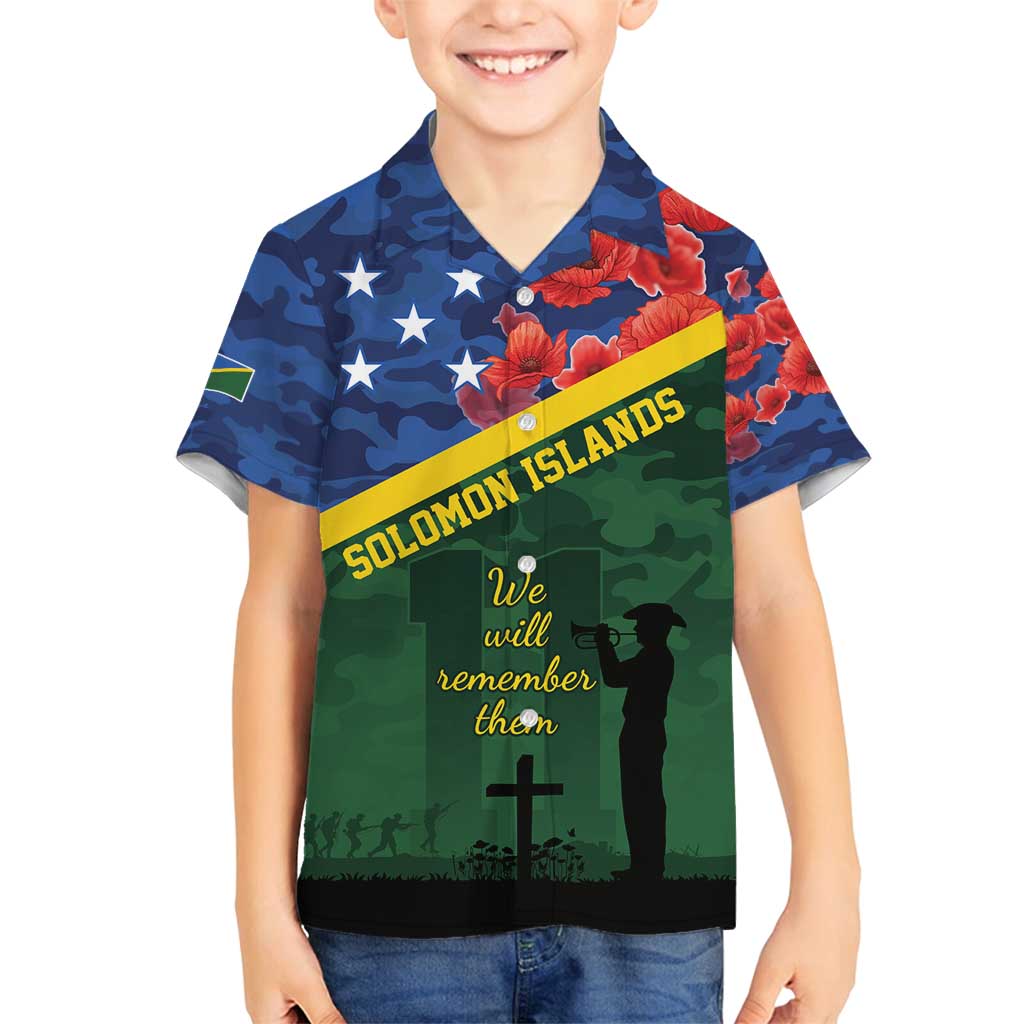 Personalised Solomon Islands Remembrance Day Family Matching Long Sleeve Bodycon Dress and Hawaiian Shirt We Will Remember Them with Camouflage Style