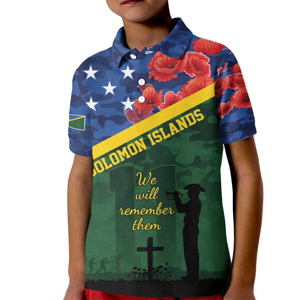 Personalised Solomon Islands Remembrance Day Kid Polo Shirt We Will Remember Them with Camouflage Style