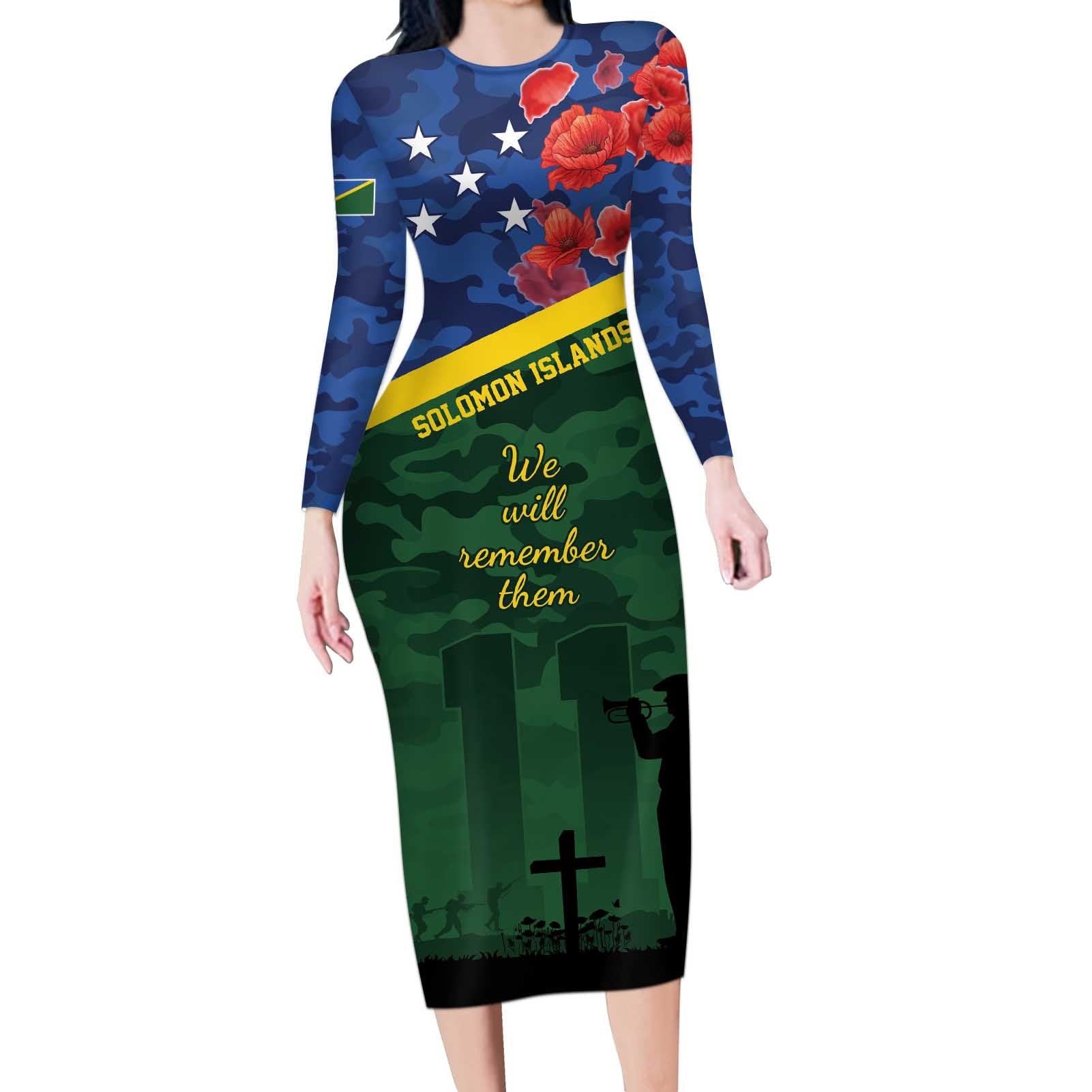 Personalised Solomon Islands Remembrance Day Long Sleeve Bodycon Dress We Will Remember Them with Camouflage Style