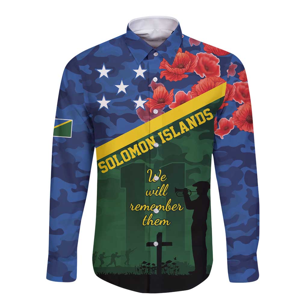 Personalised Solomon Islands Remembrance Day Long Sleeve Button Shirt We Will Remember Them with Camouflage Style