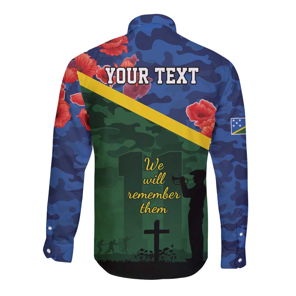 Personalised Solomon Islands Remembrance Day Long Sleeve Button Shirt We Will Remember Them with Camouflage Style