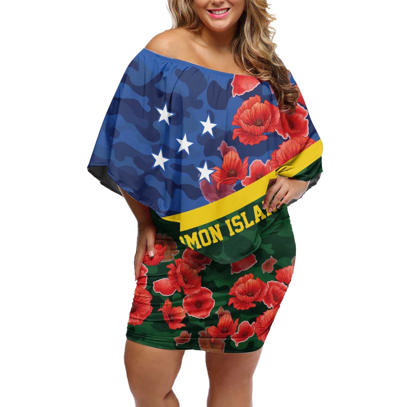 Personalised Solomon Islands Remembrance Day Off Shoulder Short Dress We Will Remember Them with Camouflage Style