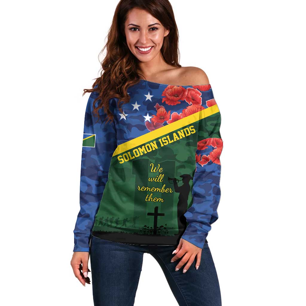 Personalised Solomon Islands Remembrance Day Off Shoulder Sweater We Will Remember Them with Camouflage Style