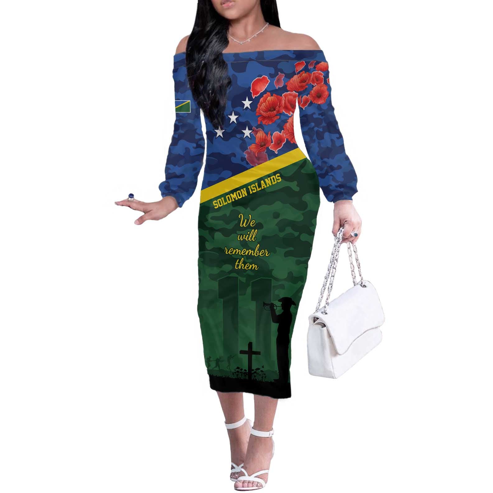 Personalised Solomon Islands Remembrance Day Off The Shoulder Long Sleeve Dress We Will Remember Them with Camouflage Style