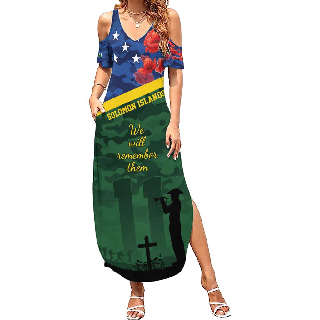 Personalised Solomon Islands Remembrance Day Summer Maxi Dress We Will Remember Them with Camouflage Style