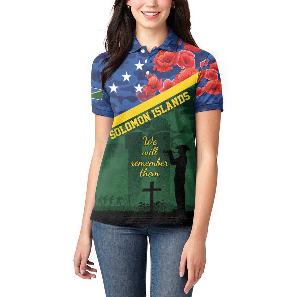 Personalised Solomon Islands Remembrance Day Women Polo Shirt We Will Remember Them with Camouflage Style