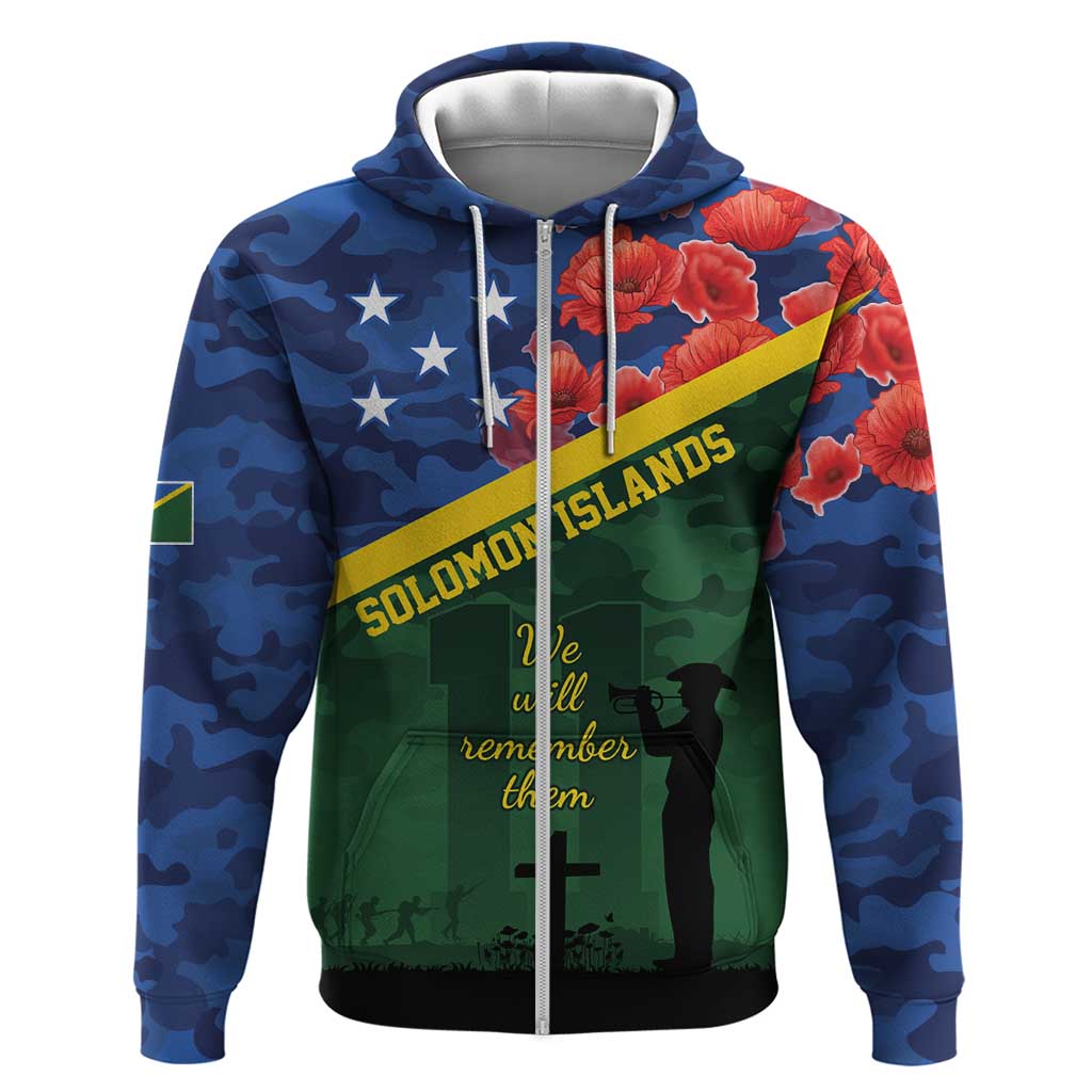 Personalised Solomon Islands Remembrance Day Zip Hoodie We Will Remember Them with Camouflage Style