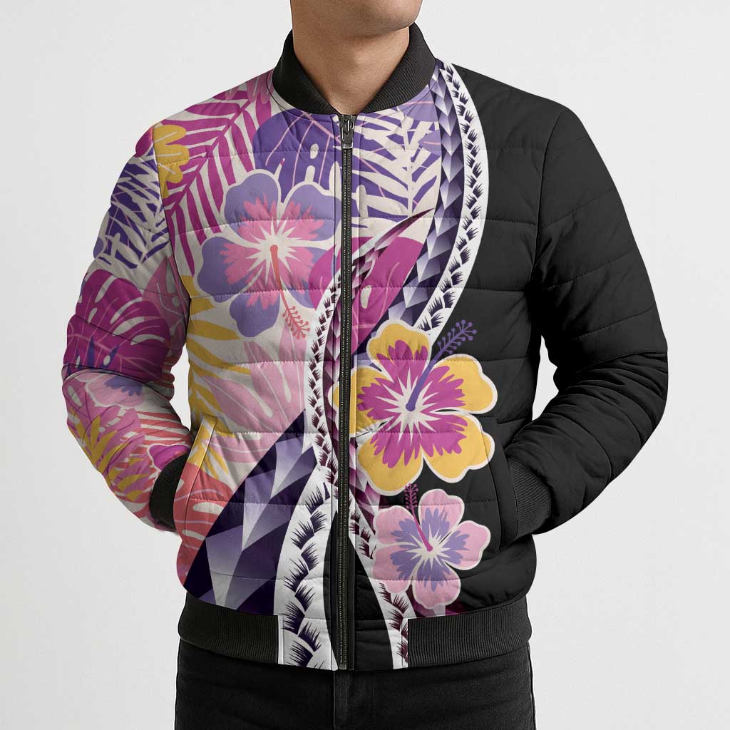 Aloha Vintage Hibiscus Lei Seamless Pattern Bomber Puffer Jacket LT9 - Polynesian Pride